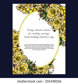 Vintage delicate invitation with flowers for wedding, marriage, bridal, birthday, Valentine's day. Romantic vector illustration.