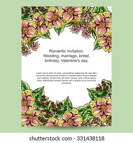 Vintage delicate invitation with flowers for wedding, marriage, bridal, birthday, Valentine's day. Romantic vector illustration.