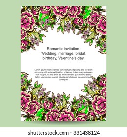 Vintage delicate invitation with flowers for wedding, marriage, bridal, birthday, Valentine's day. Romantic vector illustration.