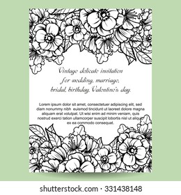 Vintage delicate invitation with flowers for wedding, marriage, bridal, birthday, Valentine's day. Romantic vector illustration.