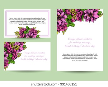 Vintage delicate invitation with flowers for wedding, marriage, bridal, birthday, Valentine's day. Romantic vector illustration.