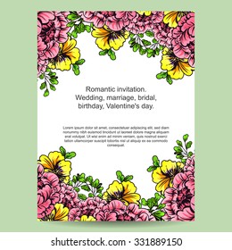 Vintage delicate invitation with flowers for wedding, marriage, bridal, birthday, Valentine's day. Romantic vector illustration.