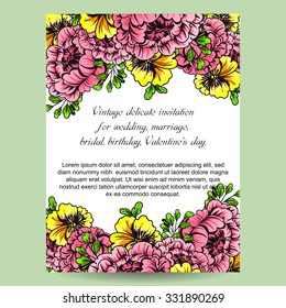 Vintage delicate invitation with flowers for wedding, marriage, bridal, birthday, Valentine's day. Romantic vector illustration.