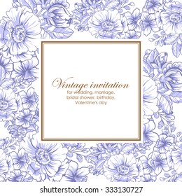 Vintage delicate invitation with flowers for wedding, marriage, bridal, birthday, Valentine's day. Romantic vector illustration.