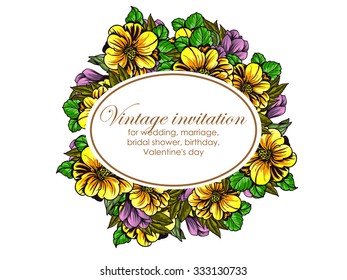 Vintage delicate invitation with flowers for wedding, marriage, bridal, birthday, Valentine's day. Romantic vector illustration.