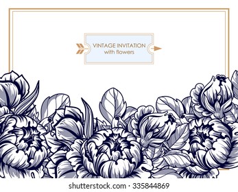 Vintage delicate invitation with flowers for wedding, marriage, bridal, birthday, Valentine's day. Romantic vector illustration.