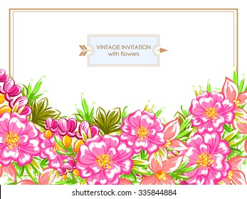 Vintage delicate invitation with flowers for wedding, marriage, bridal, birthday, Valentine's day. Romantic vector illustration.