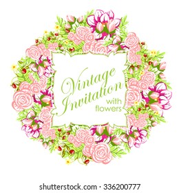 Vintage delicate invitation with flowers for wedding, marriage, bridal, birthday, Valentine's day. Romantic vector illustration.