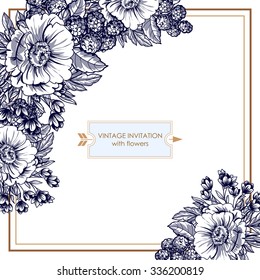 Vintage delicate invitation with flowers for wedding, marriage, bridal, birthday, Valentine's day. Romantic vector illustration.