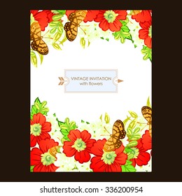 Vintage delicate invitation with flowers for wedding, marriage, bridal, birthday, Valentine's day. Romantic vector illustration.