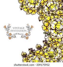 Vintage delicate invitation with flowers for wedding, marriage, bridal, birthday, Valentine's day.