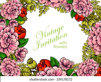 Vintage delicate invitation with flowers for wedding, marriage, bridal, birthday, Valentine's day. Romantic vector illustration.