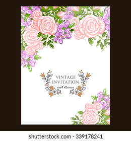 Vintage delicate invitation with flowers for wedding, marriage, bridal, birthday, Valentine's day. Romantic vector illustration.