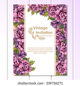 Vintage delicate invitation with flowers for wedding, marriage, bridal, birthday, Valentine's day. Romantic vector illustration.