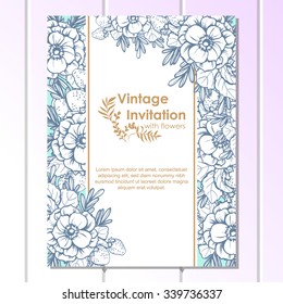 Vintage delicate invitation with flowers for wedding, marriage, bridal, birthday, Valentine's day. Romantic vector illustration.