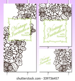 Vintage delicate invitation with flowers for wedding, marriage, bridal, birthday, Valentine's day. Romantic vector illustration.