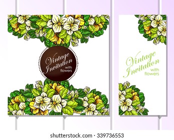 Vintage delicate invitation with flowers for wedding, marriage, bridal, birthday, Valentine's day. Romantic vector illustration.