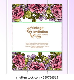 Vintage delicate invitation with flowers for wedding, marriage, bridal, birthday, Valentine's day. Romantic vector illustration.
