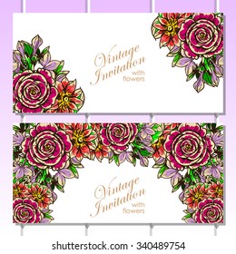 Vintage delicate invitation with flowers for wedding, marriage, bridal, birthday, Valentine's day. Romantic vector illustration.