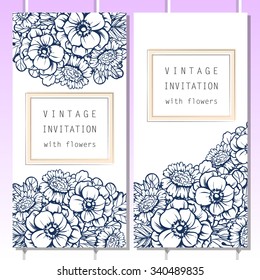 Vintage delicate invitation with flowers for wedding, marriage, bridal, birthday, Valentine's day. Romantic vector illustration.
