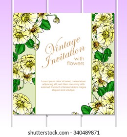 Vintage delicate invitation with flowers for wedding, marriage, bridal, birthday, Valentine's day. Romantic vector illustration.