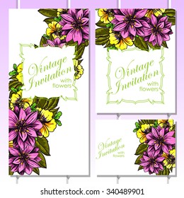 Vintage delicate invitation with flowers for wedding, marriage, bridal, birthday, Valentine's day. Romantic vector illustration.