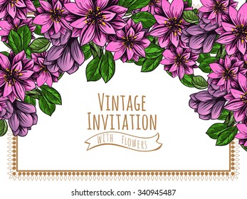 Vintage delicate invitation with flowers for wedding, marriage, bridal, birthday, Valentine's day. Romantic vector illustration.