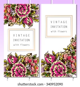 Vintage delicate invitation with flowers for wedding, marriage, bridal, birthday, Valentine's day. Romantic vector illustration.