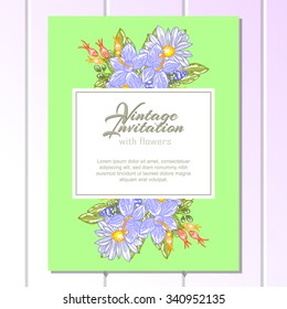 Vintage delicate invitation with flowers for wedding, marriage, bridal, birthday, Valentine's day. Romantic vector illustration.
