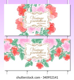 Vintage delicate invitation with flowers for wedding, marriage, bridal, birthday, Valentine's day. Romantic vector illustration.