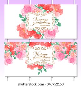 Vintage delicate invitation with flowers for wedding, marriage, bridal, birthday, Valentine's day. Romantic vector illustration.