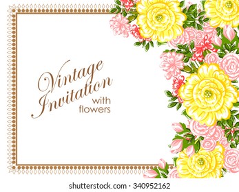 Vintage delicate invitation with flowers for wedding, marriage, bridal, birthday, Valentine's day. Romantic vector illustration.