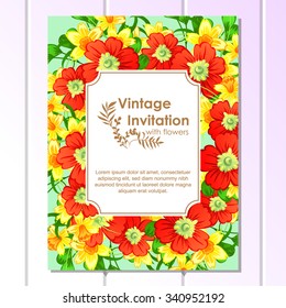 Vintage delicate invitation with flowers for wedding, marriage, bridal, birthday, Valentine's day. Romantic vector illustration.