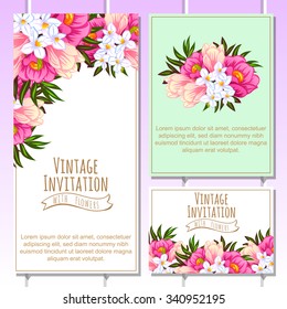 Vintage delicate invitation with flowers for wedding, marriage, bridal, birthday, Valentine's day. Romantic vector illustration.