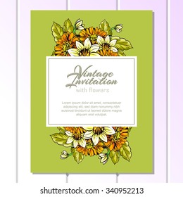 Vintage delicate invitation with flowers for wedding, marriage, bridal, birthday, Valentine's day. Romantic vector illustration.