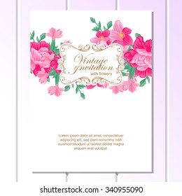 Vintage delicate invitation with flowers for wedding, marriage, bridal, birthday, Valentine's day. Romantic vector illustration.