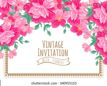 Vintage delicate invitation with flowers for wedding, marriage, bridal, birthday, Valentine's day. Romantic vector illustration.