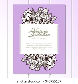 Vintage delicate invitation with flowers for wedding, marriage, bridal, birthday, Valentine's day. Romantic vector illustration.