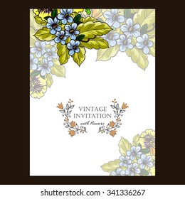 Vintage delicate invitation with flowers for wedding, marriage, bridal, birthday, Valentine's day. Romantic vector illustration.