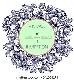 Vintage delicate invitation with flowers for wedding, marriage, bridal, birthday, Valentine's day. Romantic vector illustration.