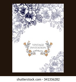 Vintage delicate invitation with flowers for wedding, marriage, bridal, birthday, Valentine's day. Romantic vector illustration.