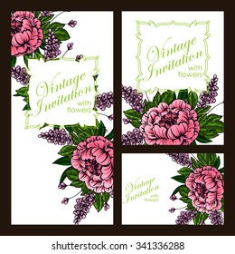 Vintage delicate invitation with flowers for wedding, marriage, bridal, birthday, Valentine's day. Romantic vector illustration.