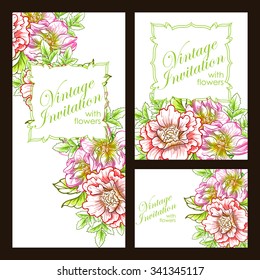 Vintage delicate invitation with flowers for wedding, marriage, bridal, birthday, Valentine's day. Romantic vector illustration.