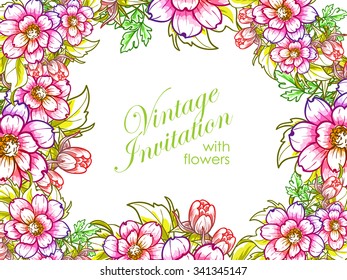 Vintage delicate invitation with flowers for wedding, marriage, bridal, birthday, Valentine's day. Romantic vector illustration.