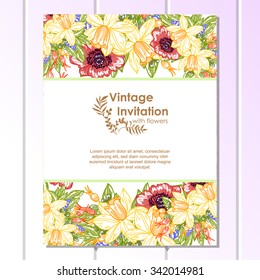 Vintage delicate invitation with flowers for wedding, marriage, bridal, birthday, Valentine's day. Romantic vector illustration. Vintage delicate invitation with flowers for wedding, marriage, bridal, birthday, Valentine's day. Romantic vector illustration.