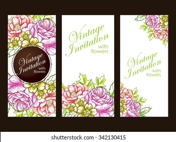 Vintage delicate invitation with flowers for wedding, marriage, bridal, birthday, Valentine's day. Romantic vector illustration.