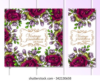 Vintage delicate invitation with flowers for wedding, marriage, bridal, birthday, Valentine's day. Romantic vector illustration.
