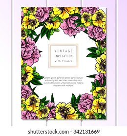 Vintage delicate invitation with flowers for wedding, marriage, bridal, birthday, Valentine's day. Romantic vector illustration.