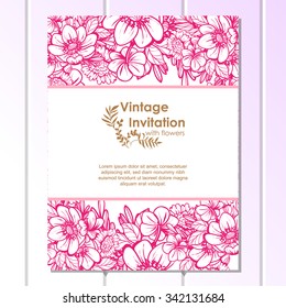 Vintage delicate invitation with flowers for wedding, marriage, bridal, birthday, Valentine's day. Romantic vector illustration.