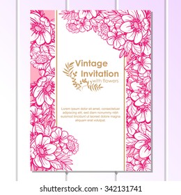 Vintage delicate invitation with flowers for wedding, marriage, bridal, birthday, Valentine's day. Romantic vector illustration.